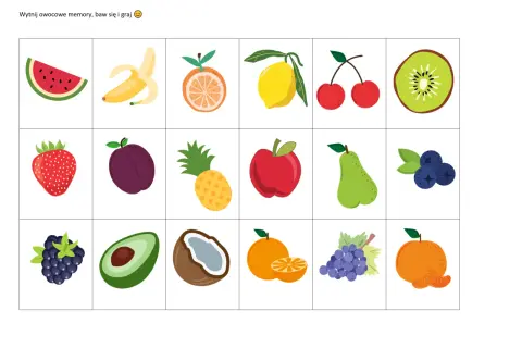 Kolorowe ilustracje owoców: arbuz, banan, pomarańcza, cytryna, wiśnie, kiwi, truskawka, śliwka, ananas, jabłko, gruszka, borówki, jeżyna, awokado, kokos, mandarynka, winogrona. Idealne do zagadek o owocach.