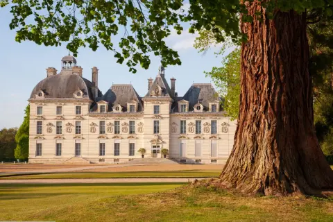 Le château de Cheverny, qui a inspiré Moulinsart, se dresse majestueusement sous un ciel bleu, encadré par un grand arbre.