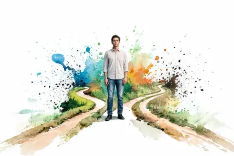 Ein Mann steht an einer Weggabelung, umgeben von farbenfrohen Aquarellspritzern. Er fragt sich: "Wer bin ich wirklich spirituell?