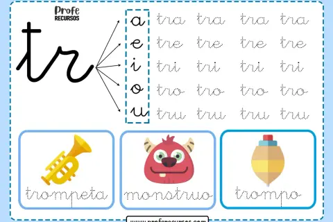 Hoja de práctica para trazar palabras con "tr": trompeta, monstruo y trompo. Incluye sílabas como tra, tre, tri, tro, tru.