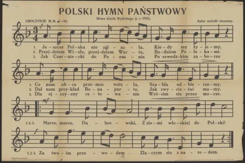 Nuty pieśni "Mazurek Dąbrowskiego", gdzie słowa brzmią: "Jeszcze Polska nie zginęła".