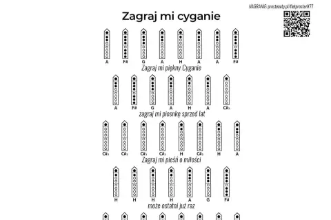 Chwyty na flet poprzeczny do piosenek "Zagraj mi cyganie", "Zagraj mi piękny Cyganie", "Zagraj mi piosnkę sprzed lat" i "Zagraj mi pieśń o miłości".