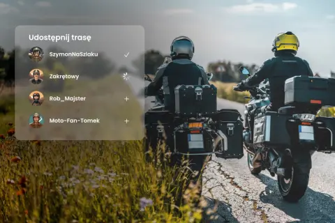 Aplikacja dla motocyklistów: udostępnij trasę znajomym. Widok z perspektywy kierowcy na drogę i innych motocyklistów.