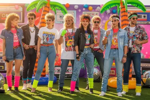 Grupa młodych ludzi w neonowych strojach i fryzurach, styl rockowy lata 80.