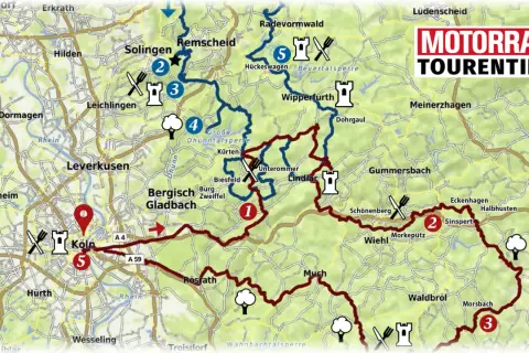 Karte mit einer roten Route für eine Motorrad Tour durch das Bergische Land. Stationen sind Köln, Solingen, Wipperfürth und Waldbröl.