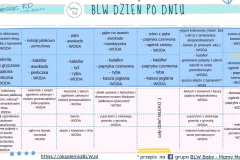 Tabela z przepisami dla niemowląt: propozycje posiłków na 5. i 6. tydzień BLW, np. kasza gryczana, kalafior, domowy chleb.