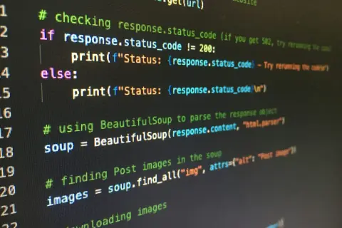 Code Python affichant le statut d'une requête web. Il vérifie si le code de statut est différent de 200, puis utilise BeautifulSoup pour trouver des images. Les arguments de python sont utilisés ici.