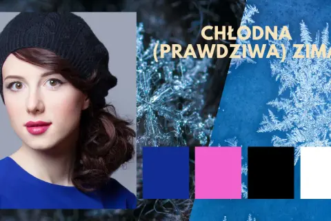 Chłodna zima kolory: młoda kobieta w czarnym beretcie i niebieskiej bluzce, obok płatki śniegu i paleta barw: granat, róż, czerń, biel.