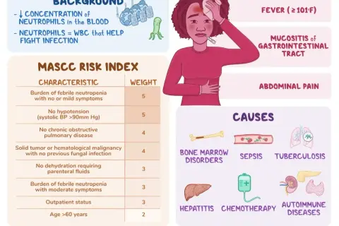 Neutropenia co to? Obrazek wyjaśnia, że to niski poziom neutrofili, białych krwinek walczących z infekcjami. Pokazuje objawy, przyczyny (np. chemioterapia) i indeks MASCC.
