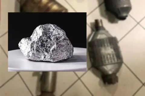 Srebrzysta bryła na talerzyku i katalizatory samochodowe. Szybka wycena katalizatora po modelu auta.