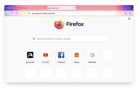 Przeglądarka Firefox z paskiem wyszukiwania "Jak ustawić stronę startową". Widoczne ikony ulubionych stron: Antyweb, YouTube, Facebook, Allegro, Wikipedia.
