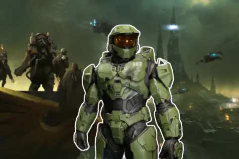 Master Chief steht im Vordergrund, umgeben von einer dystopischen Landschaft mit Türmen und Flugzeugen. Ein Symbol für die besten Xbox exclusive games.