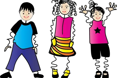 Tres niños sonríen. El de la izquierda lleva camiseta azul y pantalones morados. El del medio, vestido rosa y falda a rayas. El de la derecha, vestido rosa con estrella. ¡Perfectos para aprender sujeto y predicado 2 primaria!
