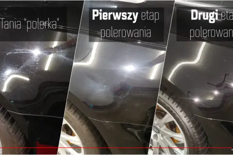 Porównanie efektów polerowania: tania polerka vs. profesjonalne etapy. Widoczne hologramy i zmatowienie lakieru po taniej metodzie, a po profesjonalnym polerowaniu głęboki połysk i brak śladów oksydacji.
