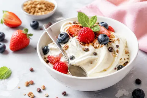 Ein cremiges Frozen Joghurt Rezept mit frischen Beeren und Granola. Perfekt für heiße Tage!