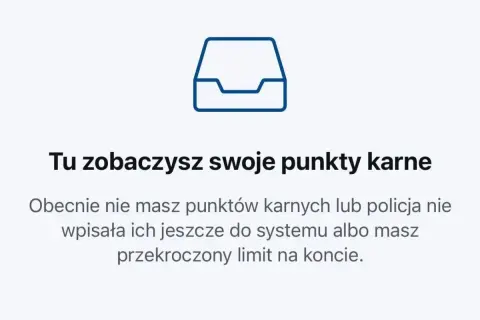 Ikona folderu i tekst informujący o punktach karnych. Obecnie brak punktów lub przekroczenie limitu, np. przez przekroczenie prędkości o 30 km/h.