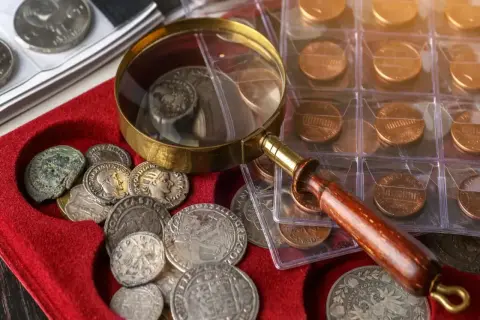 Kolekcjonowanie monet to pasja. Starożytne i współczesne monety, szkło powiększające i czerwona aksamitna tacka.