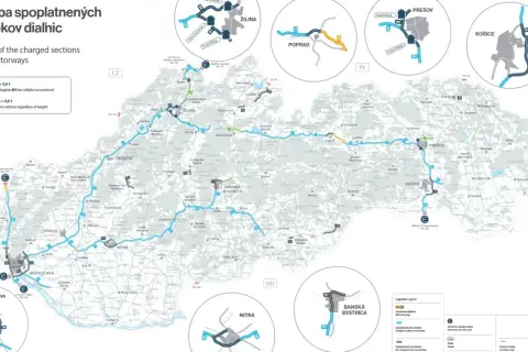 Mapa spoplatnených úsekov diaľnic na Slovensku. Zobrazuje diaľnice, ktoré vyžadujú **winiety Słowacja** pre vozidlá do 3,5 t a kategórie M1.