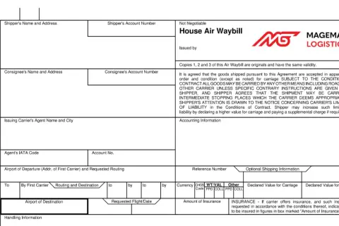 Dokument House Air Waybill z danymi nadawcy, odbiorcy i szczegółami transportu.