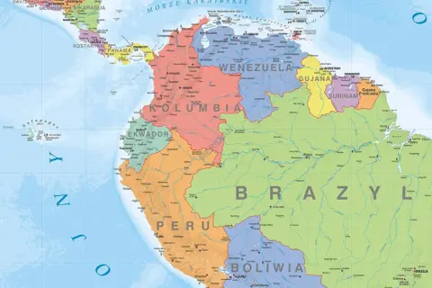 Mapa polityczna Ameryka Południowa kraje: Brazylia, Peru, Kolumbia, Wenezuela, Ekwador, Boliwia, Gujana, Surinam, Gujana Francuska.