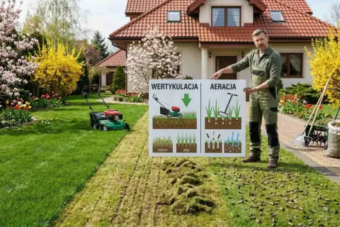 Mężczyzna prezentuje proces rekultywacji trawnika, pokazując różnicę między wertykulacją a aeracją.