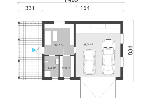 Projekt garażu na dwa auta o powierzchni 48,08 m². Obok pomieszczenie gospodarcze 18,47 m² i dwie łazienki po 6,06 m².