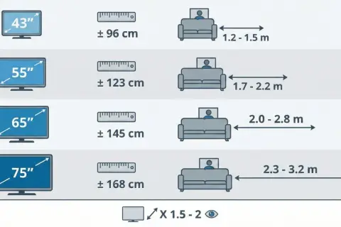Guide pour savoir à quelle hauteur fixer TV au mur : tailles d'écrans (43" à 75") et distances de visionnage recommandées.
