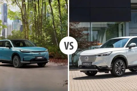 Dwa modele Honda HR-V: jeden niebieski na tle lasu i miasta, drugi biały przed nowoczesnym budynkiem.