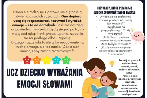 Gdy dziecko chce być w centrum uwagi, rodzic uczy je nazywać emocje. Ilustracja pokazuje mamę czytającą dziecku o uczuciach.