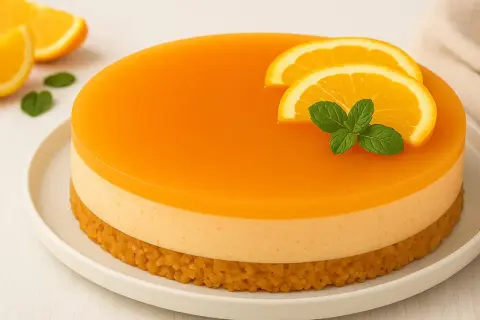 Eine leuchtend orangefarbene Aperol Torte mit zwei Orangenscheiben und Minze garniert. Der Boden ist knusprig, die Füllung cremig.