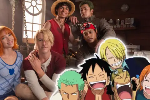 Die Schauspieler des "One Piece"-Live-Action-Films posieren fröhlich. Im Vordergrund die animierten Charaktere, im Hintergrund die Darsteller.