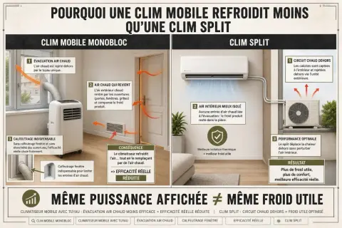 Comparaison entre clim mobile monobloc et clim split. La clim mobile rejette l'air chaud dehors, mais l'air chaud extérieur rentre par les ouvertures, réduisant son efficacité. La clim split, mieux isolée, offre un froid utile optimal.