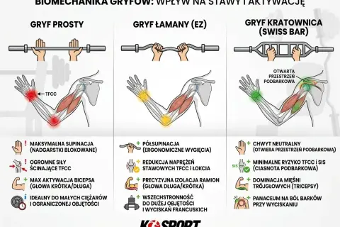 Ilustracja porównuje biomechanikę gryfów prostego, łamanego i kratownicy, pokazując ich wpływ na stawy i aktywację mięśni. Gryf kratownica jest idealny na ból barków przy wyciskaniu.