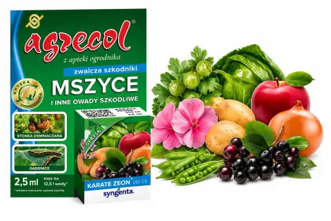 Karate Zeon 050 CS – skuteczne zwalczanie mszyc i innych szkodników. Opakowanie 2,5 ml na 12,5 l wody. Zdjęcie przedstawia warzywa i owoce.