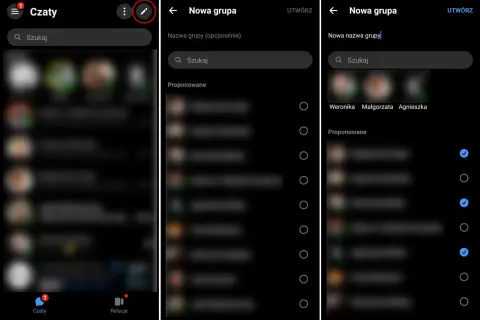Ekran telefonu pokazuje, jak utworzyć grupę na Messengerze. Widzimy opcję "Nowa grupa", pole do wpisania nazwy i listę kontaktów do wyboru.