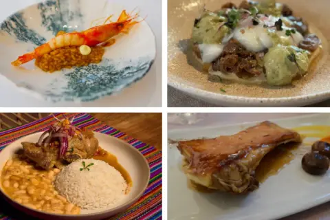 Cuatro platos exquisitos: gamba con arroz, huevo con puré verde, carne con frijoles y arroz, y costilla de cerdo. Un menú especial para el Día del Pilar.