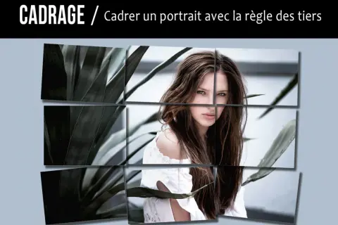 Portrait d'une jeune femme aux yeux verts, cadré selon la règle des tiers. Des feuilles sombres encadrent la composition.