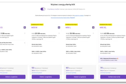 Oferty MIX S, M, L, XL z pakietem solo m play. Wybierz swój plan internetowy i minuty.