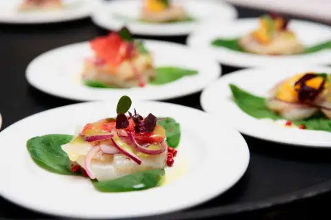 Carpaccio de saint jacques frais, garni de pamplemousse, oignons rouges et pousses sur des feuilles d'épinards.
