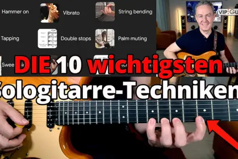 Lerne die 10 wichtigsten Sologitarre-Techniken, wie Hammer-ons, Tapping und Vibrato, mit diesen Finger-Techniken.