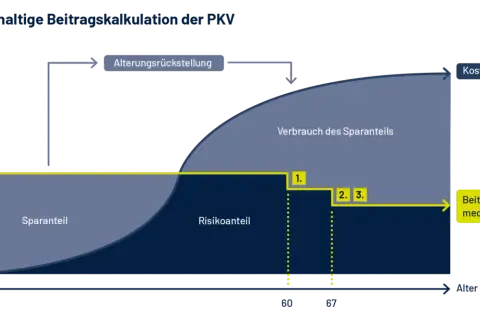 Grafik zeigt, wie sich die Kosten pkv mit dem Alter entwickeln. Ein Sparanteil deckt anfangs die Kosten, später der Risikoanteil.