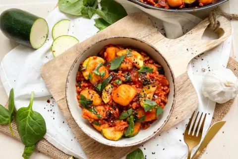 Gnocchi mit Spinat und Zucchini in Tomatensauce, garniert mit schwarzen Sesam.