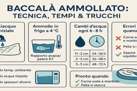Guida per l'ammollo del baccalà: sciacquo iniziale, ammollo in frigo a 4°C, cambi d'acqua ogni 6-8 ore, tempi variabili per spessore. Evitare errori comuni.