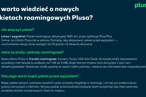 Planujesz roaming w Niemczech? Plus oferuje pakiety roamingowe na 3 strefy: Europa, USA i Świat. Aktywuj przed wyjazdem!
