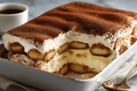 Un délicieux tiramisu sans café, crémeux et léger, saupoudré de cacao. Une gourmandise parfaite pour tous.