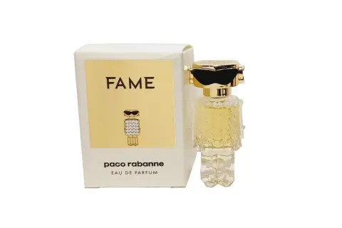 Paco Rabanne Fame – flakonik perfum i pudełko z motywem ikonicznej postaci w okularach przeciwsłonecznych.