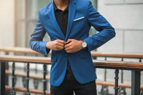 Mann im blauen Anzug und schwarzem Hemd, der seinen Anzug zuknöpft. Elegante Kleidung für einen besonderen Anlass.