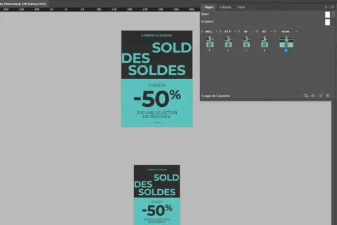Interface InDesign affichant des planches pour un saut de page, avec des bannières promotionnelles "Soldes -50%".