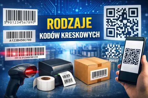 Różne typy kodów kreskowych: liniowe (EAN, ITF-14) i dwuwymiarowe (QR, PDF417). Skaner, drukarka, etykiety, paczka.