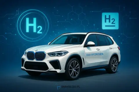 Biały BMW iX5 z napisem "BMW HYDROGEN" i symbolem H₂. Przyszłość motoryzacji na wodór.